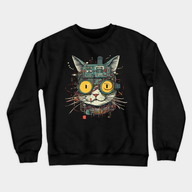 Futuristic Cyber Cat  Funny Kitty Crewneck Sweatshirt by FrogandFog
